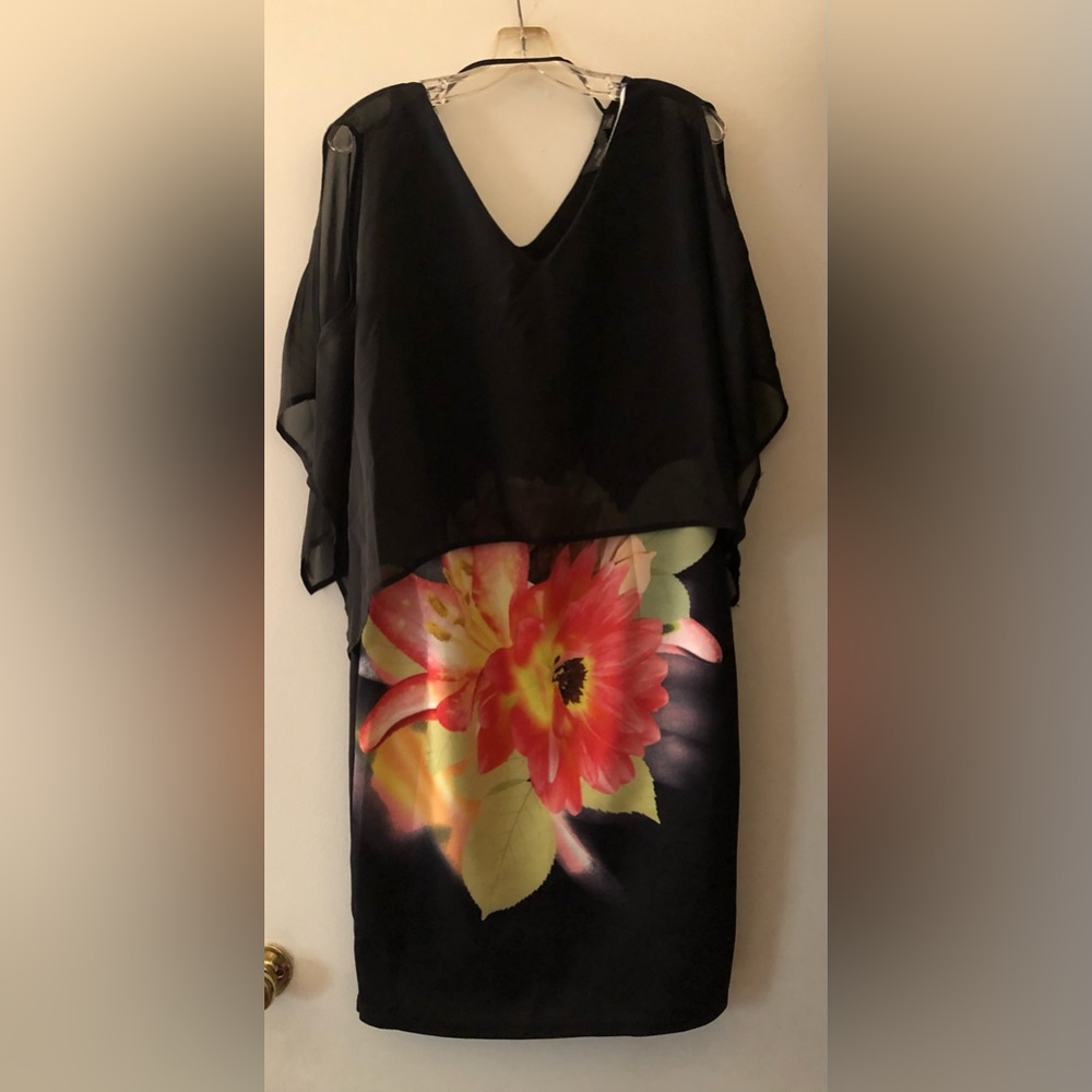 Mme Gabrielle Black Formal dress with sheer cold shoulder sleeves size 16